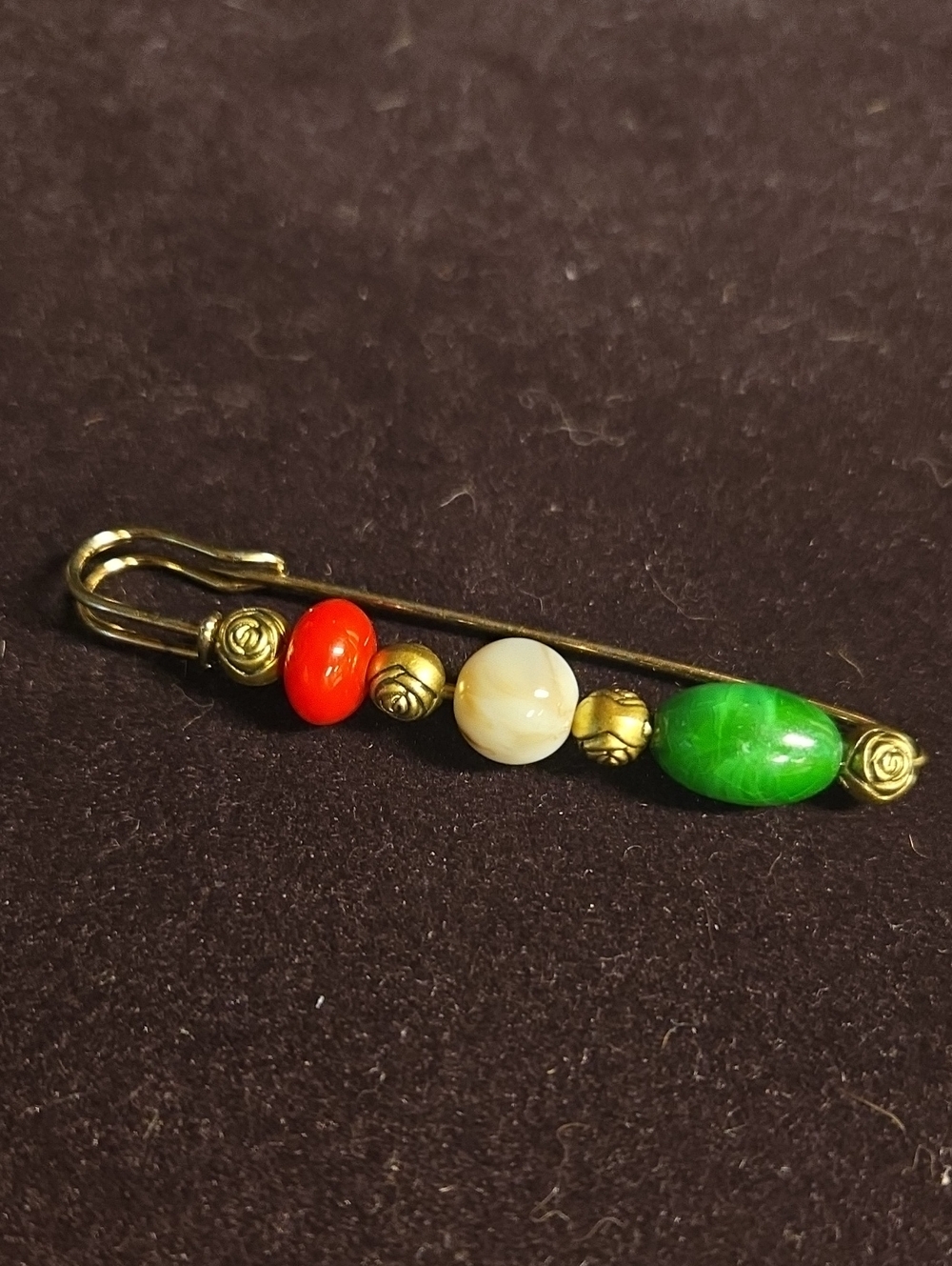 Vintage Italian Tricolor Beaded Safety Pin Brooch Cardigan Shawl Clip Gold Red W